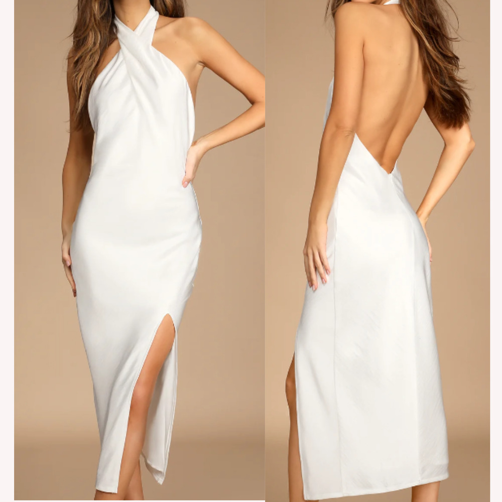 LULU'S XS Beyond Classy White Satin Backless Halter Midi Party Dress NEW 0B13